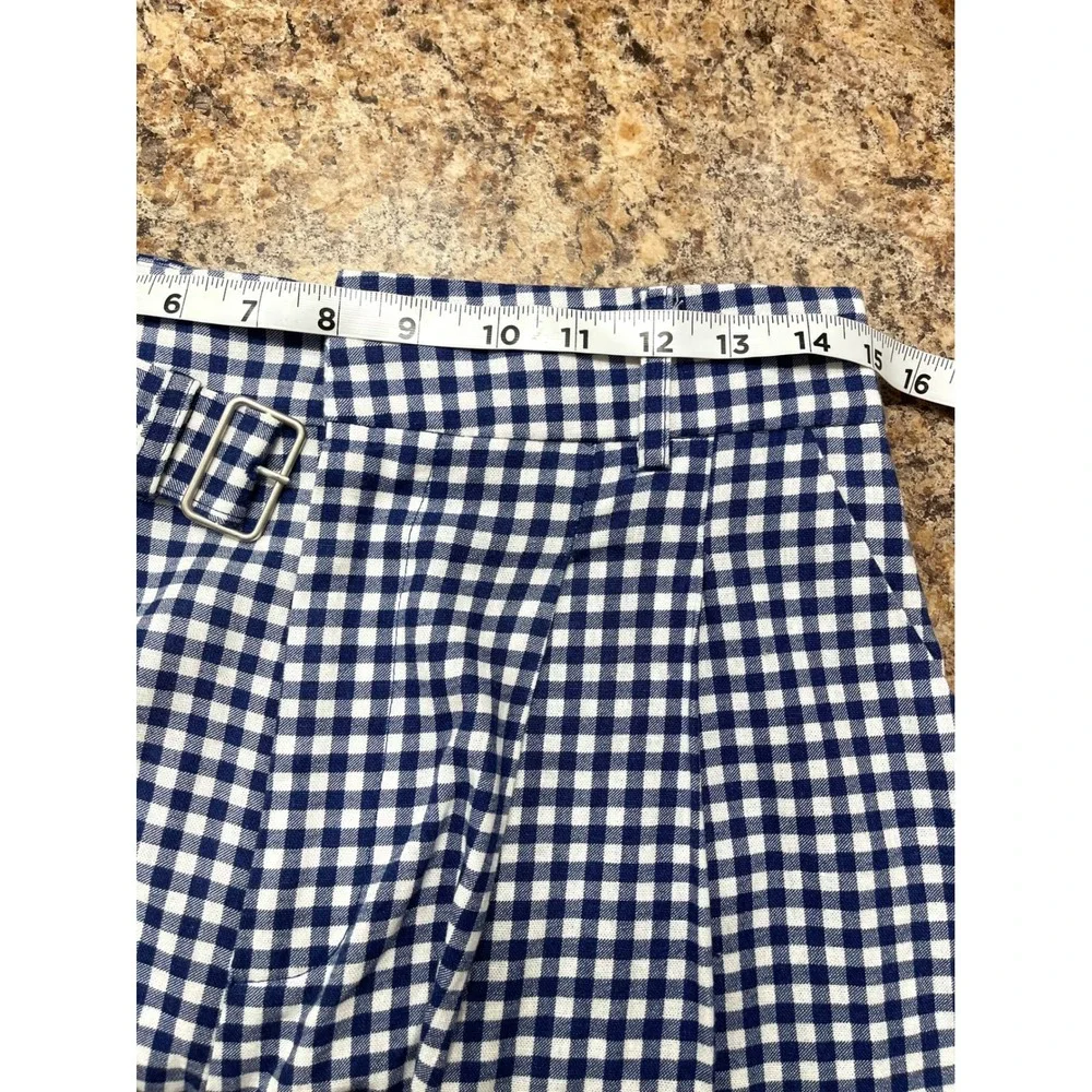 New Avec Les Filles Gingham‎ Linen Blend Belted Shorts Navy Blue White Size 8